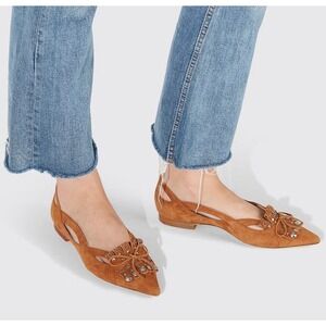 Scarosso by Paula Cademartori Tan Suede Studded Slingback Flats Kiltie Size 38.5